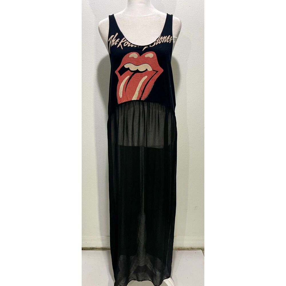 The rolling stones band graphic maxi dress forever 21 sheer chiffon women M